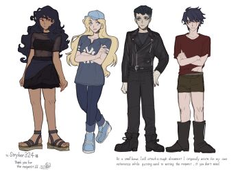 2boys 2girls absurdres areui_(stryker324) arms_at_sides artist_name baseball_cap black_boots black_hair black_jacket black_skirt blonde_hair blue_eyes blue_hat blue_shirt boots commentary commission commissioner_name commissioner_upload crossed_arms dark_skin denim english_commentary english_text eric_(stryker324) eyeshadow green_eyes hand_on_own_hip hat highres jacket jeans lineup long_hair makeup messy_hair midriff multiple_boys multiple_girls original pants red_eyes red_nails red_shirt refia_(stryker324) sandals scar scar_across_eye scar_on_face see-through_clothes shirt shoes shorts skeb_commission skirt sneakers tan tarou_(tarou_oz) thank_you torn_clothes vera_(stryker324) white_background