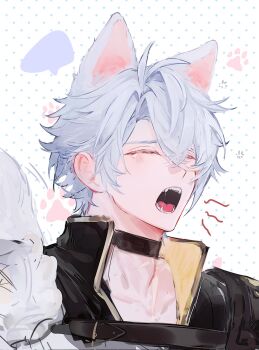 1boy animal_ears armor black_choker black_shirt choker closed_eyes commentary dog_ears dog_tail fangs highres hmayme4238 honkai:_star_rail honkai_(series) neck_tattoo parted_bangs pauldrons phainon_(honkai:_star_rail) shirt short_hair shoulder_armor single_pauldron solo sun_symbol sun_tattoo tail tan tattoo white_hair yawning