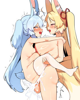 1futa 1girl absurdres ahoge animal_ear_fluff animal_ears blonde_hair blue_eyes blue_hair blush breasts commission completely_nude cum cum_overflow ejaculation excessive_cum fox_ears fox_girl fox_tail from_side futa_with_female futanari hair_ribbon highres imkay_3 large_breasts lifting_person long_hair looking_at_another multiple_tails nude open_mouth original pixiv_commission rabbit_ears rabbit_girl rabbit_tail red_eyes red_ribbon ribbon sex simple_background small_breasts smile stomach_bulge suspended_congress tail testicles thighhighs white_background white_thighhighs