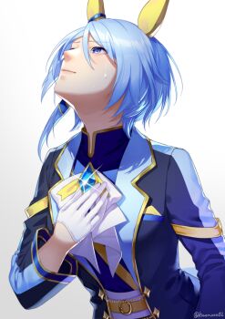 Rule 34 | 1girl, akatsuki (kuon), animal ears, belt, blue eyes, blue gem, blue hair, blue jacket, blue shirt, blush, bow, breasts, closed mouth, commentary request, crying, ear covers, gem, gloves, hair between eyes, horse ears, horse girl, jacket, k.s.miracle (prism) (umamusume), k.s.miracle (umamusume), long sleeves, looking up, shirt, short hair, simple background, solo, tears, umamusume, upper body, white background, white bow, white gloves, yellow belt