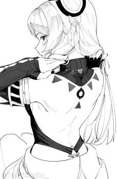 1girl absurdres armlet backless_outfit bare_back bare_shoulders citlali_(genshin_impact) commentary ecchan_(rulaicauho) english_commentary from_behind genshin_impact highres jewelry long_hair looking_at_viewer looking_back monochrome nail_polish ring_hair_ornament simple_background sitting solo very_long_hair white_background