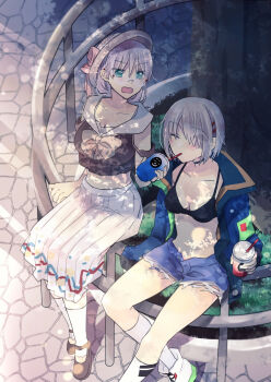2girls blonde_hair collarbone denim denim_shorts drink from_above glasses green_eyes grey_hair hair_ornament hair_over_one_eye hairclip heaven_burns_red highres izumi_yuki_(heaven_burns_red) kayamori_ruka long_hair multiple_girls official_alternate_costume round_eyewear shared_drink short_hair shorts uyuki_(ouun) yuri