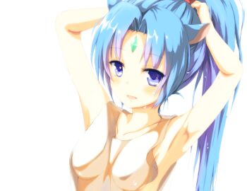 Rule 34 | 10s, 1girl, adjusting hair, animal ears, armpits, blue eyes, blue hair, bluekalmia, blush, dog days, female focus, forehead jewel, horse ears, horse girl, long hair, looking at viewer, matching hair/eyes, ponytail, see-through clothes, sharu (dog days), simple background, solo, white background