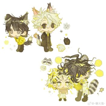 animal_ears black_hair cat_ears chibi chibi_only commentary highres long_sleeves original pants raccoon raccoon_ears symbol-only_commentary weibo_6348912905 white_background white_hair