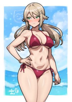 1girl :t absurdres amy_(doa) averting_eyes bikini blonde_hair blush bracelet breasts commentary commission cowboy_shot dead_or_alive dead_or_alive_xtreme dead_or_alive_xtreme_venus_vacation english_commentary green_eyes hair_ornament halterneck hand_on_own_hip highres jewelry long_hair medium_breasts navel pout red_bikini rotomdocs side-tie_bikini_bottom solo string_bikini swimsuit triangle_bikini_top twintails x_hair_ornament