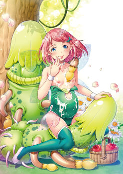 apple basket blue_eyes cameltoe cherry_blossoms consensual_tentacles cum cum_on_body cum_on_clothes cum_on_upper_body fairy flat_chest flower food fruit gradient_background highres leotard licking licking_finger monster nature nipples off_shoulder original pink_hair pregnant pussy_juice shoes short_hair shuuko smile solo straddling tentacles thighhighs tongue tree wings