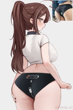 ahoge battery_indicator black_panties breasts brown_eyes brown_hair commentary english_commentary from_behind hand_on_own_ass heart heart_ahoge highres huge_ahoge indie_virtual_youtuber large_breasts looking_back median_furrow panties ponytail reference_inset shirt sidelocks skindentation sky_above_me sky_above_me_(vtuber) underwear virtual_youtuber white_shirt