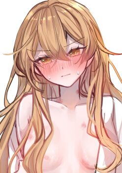 1girl averting_eyes bare_shoulders blonde_hair breasts closed_mouth collarbone embarrassed furrowed_brow hair_between_eyes hair_over_breasts hickey kirisame_marisa long_hair nude puru_18h simple_background small_breasts solo sweatdrop touhou white_background yellow_eyes