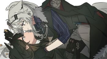 2girls animal_ears arknights black_gloves black_hair black_jacket blue_shirt commentary gloves grey_eyes grey_hair grey_pants hand_in_another&#039;s_hair highres jacket jacket_on_shoulders lappland_(arknights) long_hair multiple_girls orange_eyes pants seri_(vyrlw) shirt simple_background symbol-only_commentary texas_(arknights) white_background wolf_ears yuri