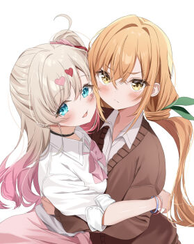 2girls black_choker blonde_hair blue_eyes blush bracelet breasts cardigan cardigan_around_waist choker clothes_around_waist collared_shirt gradient_hair green_ribbon hair_ornament hair_ribbon hair_scrunchie heart heart_hair_ornament highres hug inda_karane jewelry kedarui_aashii kimi_no_koto_ga_dai_dai_dai_dai_daisuki_na_100-nin_no_kanojo long_hair long_sleeves looking_at_viewer multicolored_hair multiple_girls open_mouth pink_hair ribbon school_uniform scrunchie shirt simple_background smile twintails user_vcwz3474 white_background white_shirt yellow_eyes