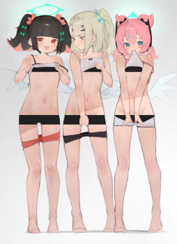 3girls angels_of_delusion aria_(zenless_zone_zero) bar_censor barefoot black_hair black_shorts blue_eyes blue_hair blue_halo camisole camisole_lift censored closed_mouth clothes_lift colored_inner_hair dolphin_shorts flat_chest green_eyes halo highres loli looking_at_viewer looking_to_the_side multicolored_hair multiple_girls nangong_yu navel open_mouth pink_hair quad_tails red_eyes red_hair red_shorts shorts simple_background sunna_(zenless_zone_zero) theflatfacadeds twintails white_background white_camisole white_shorts white_wings wings zenless_zone_zero