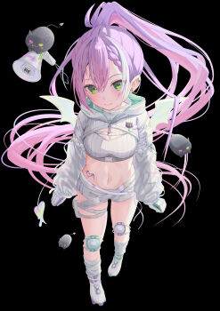 1girl absurdres bibi_(tokoyami_towa) black_background blush breasts cleavage commentary_request demon_girl demon_tail green_eyes high_ponytail highres hololive knee_pads long_hair mumei_(mumeillust1123) ponytail purple_hair shrug_(clothing) simple_background small_breasts tail tokoyami_towa tokoyami_towa_(cyberpunk) virtual_youtuber white_shrug