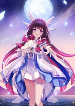 Rule 34 | 1girl, absurdres, arm ribbon, bare shoulders, black hair, blush, columbina (genshin impact), commentary request, dress, falling petals, feet out of frame, full moon, genshin impact, gradient hair, hair ribbon, hand on own chest, head wings, highres, long hair, looking at viewer, moon, motoi ayumu, multicolored hair, open mouth, outdoors, petals, purple eyes, purple hair, purple streaks, reaching, reaching towards viewer, ribbon, sky, smile, solo, star (sky), thigh strap, two-tone hair, very long hair, white dress, white ribbon, white wings, wings