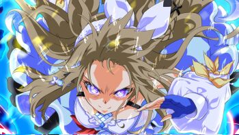 +_+ 1girl almond_eye_(the_changer)_(umamusume) almond_eye_(umamusume) animal_ears bare_shoulders blue_eyes blue_gloves bow_hairband braid braided_sidelocks breasts brown_hair checkered_collar closed_mouth colored_inner_hair commentary_request detached_sleeves dress fingerless_gloves gloves hair_ornament hairband hairclip highres horse_ears horse_girl long_hair looking_at_viewer medium_breasts multicolored_hair running sidelocks smile solo symbol-shaped_pupils umamusume white_hairband x-shaped_pupils zukki_(bijitaru)