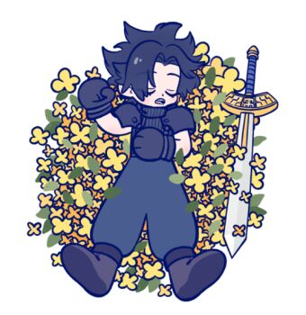 105zz 1boy armor baggy_pants black_gloves black_hair boots closed_eyes commentary_request drooling field final_fantasy final_fantasy_vii final_fantasy_vii:_ever_crisis flower flower_field from_above full_body gloves lying on_back open_mouth pants parted_bangs ribbed_sweater short_hair shoulder_armor sleeping sleeveless sleeveless_turtleneck solo sweater sword turtleneck turtleneck_sweater weapon yellow_flower zack_fair