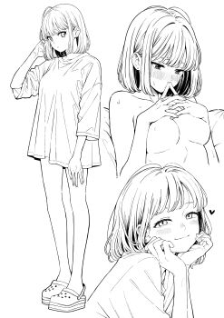 1girl absurdres blush bob_cut breasts commentary_request crocs earrings greyscale happy head_rest highres jewelry kuroki_yuushin looking_at_viewer medium_breasts monochrome multiple_views no_pants nose_blush original oversized_clothes oversized_shirt own_hands_together shirt short_hair simple_background smile stud_earrings sweat topless_female white_background