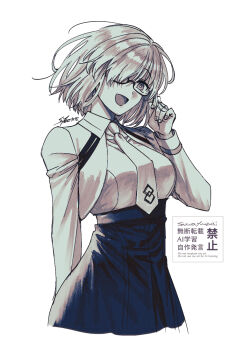 1girl arm_at_side artist_name breasts chaldea_logo commentary_request cropped_jacket cropped_legs fate/grand_order fate_(series) greyscale hair_over_one_eye hand_up large_breasts long_sleeves looking_at_viewer mash_kyrielight monochrome necktie open_mouth short_hair smile solo striped_clothes wing_collar yuuzuki230