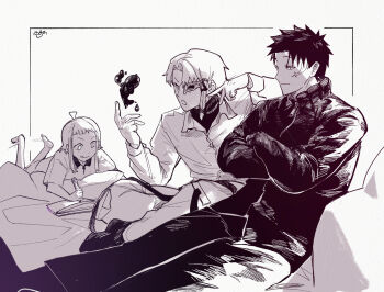 Rule 34 | 1girl, 2boys, barefoot, book, crossed arms, crossed legs, drawing (action), greyscale, half mask, highres, holding, holding marker, kagurabachi, katsutacle, kyonagi char, lying, marker, mask, monochrome, multiple boys, on stomach, open book, open mouth, pillow, rokuhira chihiro, sazanami hakuri, scar, scar on face, single sidelock, sitting, tongue, tongue out, v