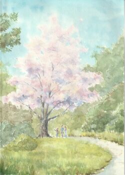 3others ambiguous_gender blue_sky commentary_request day grass highres multiple_others original outdoors painting_(medium) paruperu path road scenery sky traditional_media tree watercolor_(medium) wide_shot