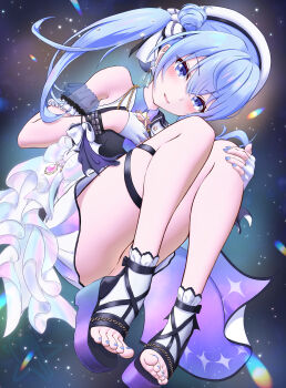 1girl absurdres bare_shoulders beret blue_eyes blue_nails commentary_request convenient_leg crossed_bangs dress earrings feet fingerless_gloves frills full_body gloves hair_between_eyes hand_on_own_knee hat highres hololive hoshimachi_suisei jewelry knees_up looking_at_viewer nail_polish official_alternate_costume one_side_up platform_sandals pleated_dress sandals short_dress sidelocks sleeveless sleeveless_dress socks solo soware star_(sky) star_(symbol) star_in_eye starry_sky_background symbol_in_eye thigh_strap toeless_socks toenail_polish toenails toes virtual_youtuber white_dress white_gloves white_hat white_socks