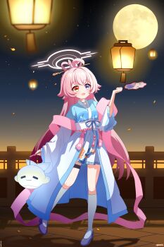1girl :d absurdres ahoge blue_archive blue_eyes chinese_clothes feixianji_(hairstyle) full_body full_moon hair_between_eyes hair_ornament hair_rings halo hand_fan hanfu heterochromia highres holding holding_fan holding_lantern hoshino_(blue_archive) hoshino_(mid-autumn_festival)_(blue_archive) kneehighs lantern long_hair long_sleeves looking_at_viewer moon night night_sky open_mouth orange_eyes outdoors paper_lantern pink_hair pleated_skirt shoes skirt sky sky_lantern smile socks solo southernsandbox standing standing_on_one_leg star_(sky) starry_sky tuanshan very_long_hair white_socks wide_sleeves yellow_eyes