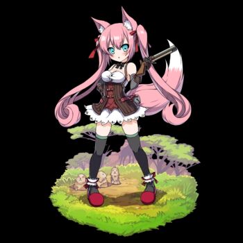 1girl :o animal animal_ear_fluff animal_ears bare_shoulders black_background black_bow black_thighhighs blue_eyes blush bow bowtie breasts brown_corset cleavage corset daisy_(merc_storia) dress flats fox_ears fox_girl fox_tail full_body gun highres holding holding_gun holding_weapon long_hair medium_breasts merc_storia merc_storia_art_team mole_(animal) official_art pink_hair red_ribbon red_shoes ribbon scrunchie shoes short_dress sidelocks simple_background solo standing strapless tachi-e tail thighhighs thighs tree twintails underbust v-shaped_eyebrows very_long_hair weapon white_dress