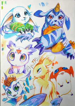 aquapulsar culumon digimon digimon_(creature) gabumon gomamon green_eyes patamon pointy_ears renamon tailmon triangle zero_unit