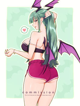 1girl absurdres alternate_costume ass bare_shoulders black_bra blush border bra breasts commentary commission cowboy_shot darkstalkers demon_girl demon_wings dolphin_shorts from_behind green_background green_eyes green_hair head_wings heart highres large_breasts long_hair looking_at_viewer looking_back morrigan_aensland multiple_wings no_shirt purple_wings red_shorts shorts solo speech_bubble spoken_heart strapless sumustard underwear white_border wings