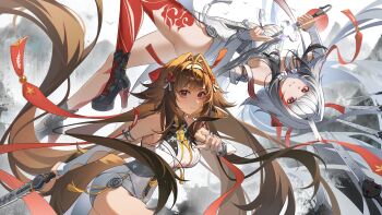 2girls absurdres animal_ears armlet black_boots boots chinese_clothes chinese_commentary commentary_request droopy_ears dual_persona floating floating_object floating_sword floating_weapon fox_ears fox_girl fox_tail glint grey_hair hair_intakes hairband high_heel_boots high_heels highres holding holding_sword holding_weapon horns jewelry kuji-in leg_tattoo long_hair looking_at_viewer metal_bracelet multicolored_hair multiple_girls nail_polish pankou qingming_sword red_eyes red_hair streaked_hair sword tail tattoo tujiu_sama two-tone_hair very_long_hair weapon white_hairband ye_shunguang yellow_nails zenless_zone_zero