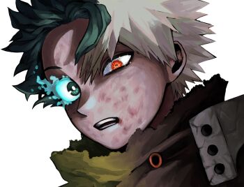 2boys bakugou_katsuki blonde_hair blood blood_on_face boku_no_hero_academia dirty dirty_face dried_blood green_eyes green_hair heterochromia highres male_focus midoriya_izuku multiple_boys oez875 open_mouth orange_eyes portrait short_hair simple_background spiked_hair teeth torn_clothes white_background