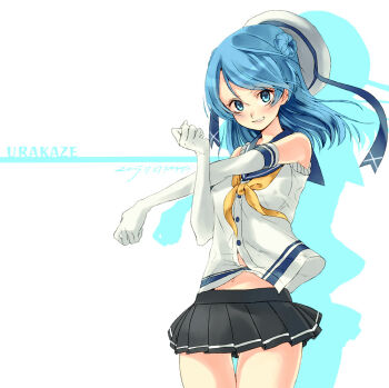 1girl black_skirt blue_eyes blue_hair blue_sailor_collar breasts character_name cross-body_stretch dated elbow_gloves gloves grin hair_bun hat kagaya_jirou kantai_collection looking_at_viewer medium_breasts miniskirt navel neckerchief pleated_skirt sailor_collar school_uniform serafuku signature simple_background skirt sleeveless smile solo stretching urakaze_(kancolle) white_gloves white_hat yellow_neckerchief