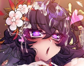 Rule 34 | 1girl, blush, breasts, commentary, crawling dreams, cum, cum on body, cum on breasts, cum on hair, cum on upper body, english commentary, flower, hair between eyes, hair flower, hair ornament, heart, heart-shaped pupils, long hair, nyarla (osiimi), open mouth, osiimi, paid reward available, portrait, purple eyes, purple hair, rolling eyes, solo, sweat, symbol-shaped pupils