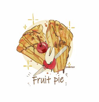 1girl arthropod_girl artist_name ben-day_dots black_eyes cherry cloak commentary english_text film_grain food from_above fruit full_body highres hightguy hollow_knight hornet_(hollow_knight) horns knife pie pie_slice red_cloak screentones simple_background solo sparkle standing symbol-only_commentary white_background