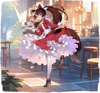 1girl alternate_costume animal_ear_fluff animal_ears apron artist_request black_shoes brown_hair closed_mouth counter cup dress enmaided full_body game_asset hair_between_eyes high_heels holding holding_own_dress holding_tray imaizumi_kagerou indoors long_hair long_sleeves looking_at_viewer looking_back maid non-web_source official_art pantyhose ponytail red_dress red_eyes red_nails self-datamine shoes simple_background solo standing standing_on_one_leg stool tail teacup teapot touhou touhou_arcadia_record transparent_background tray white_apron white_pantyhose wolf_ears wolf_girl wolf_tail