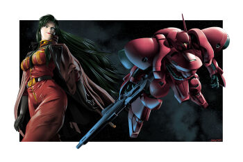 1girl beam_rifle belt breasts cape cima_garahau commentary curvy energy_gun english_commentary gerbera_tetra gloves green_hair gundam gundam_0083 holding holding_weapon jeff_sorley long_hair looking_back mecha military_rank_insignia military_uniform mobile_suit nebula painting_(medium) radio_antenna robot scan science_fiction space star_(sky) thrusters traditional_media weapon zeon zero_gravity