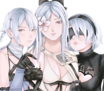 2b_(nier:automata) 3girls aiokosaio breasts cleavage_cutout clothing_cutout drag-on_dragoon drag-on_dragoon_3 flower kaine_(nier) medium_breasts multiple_girls nier nier:automata nier_(series) nier_reincarnation non-web_source sideboob small_breasts underboob white_hair zero_(drag-on_dragoon)