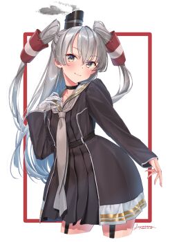 1girl absurdres amatsukaze_(kancolle) amatsukaze_kai_ni_(kancolle) black_dress brown_eyes commentary_request dress garter_straps gloves grey_hair grey_neckerchief hair_tubes hat highres kantai_collection leaning_forward long_hair long_sleeves looking_at_viewer mini_hat neckerchief sagoromo_04 sailor_collar sailor_dress short_dress single_glove smile smoke_heart smokestack_hair_ornament solo two_side_up white_background white_gloves white_sailor_collar