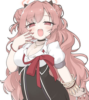 1girl :d bangle bead_bracelet beads black_choker black_skirt blue_archive blush bracelet breasts brown_eyes brown_hair choker cleavage collarbone collared_shirt double_bun dress_shirt fang fingernails gyaru hair_bun halo high-waist_skirt highres horns jewelry kirara_(blue_archive) large_breasts long_fingernails long_hair looking_at_viewer miranofuudoria nail_polish open_mouth puffy_short_sleeves puffy_sleeves red_nails ring school_uniform shirt short_sleeves simple_background skirt smile solo very_long_hair white_background white_shirt