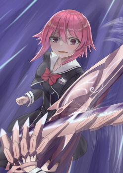 2girls :d black_dress chaos;child commentary_request crazy_eyes crazy_smile d-sword dress fighting hekiho_academy_school_uniform holding holding_sword holding_weapon long_sleeves minamisawa_senri motion_lines multiple_girls onoe_serika open_mouth pink_eyes pink_hair pov sailor_collar school_emblem school_uniform science_adventure shnia_v short_hair smile spoilers sword upper_body weapon wide_sleeves