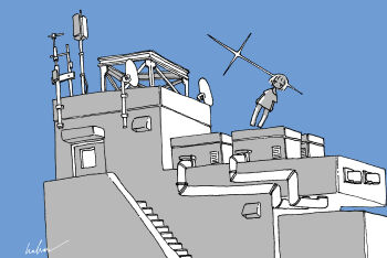 1girl absurdres barefoot blue_sky building falling greyscale_with_colored_background highres industrial_pipe kaduise no_pants object_through_head original radio_antenna shirt short_hair short_sleeves signature sky solo stairs star_(sky) t-shirt wide_shot