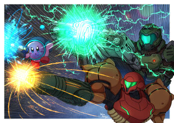 Rule 34 | 1boy, 1girl, arm cannon, armor, artist name, assault visor, bfg 9000, colored skin, commentary request, doom (series), doomguy, full armor, green armor, green visor, kirby, kirby (series), metroid, multicolored armor, nintendo, pink skin, power suit (metroid), samus aran, signature, varia suit, wakaba (wata ridley), weapon
