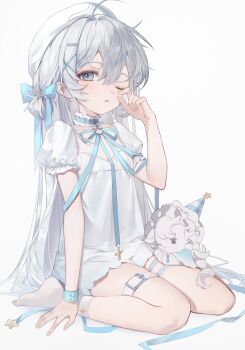1girl absurdres ahoge ankle_socks arm_support belt belt_collar beret blue_bow blue_eyes blue_ribbon blush bow breasts buckle collar cross dress frilled_collar frilled_sleeves frills full_body grey_hair hair_between_eyes hair_bow hair_ornament hair_ribbon hairclip hand_up hat highres ichigoyama indie_virtual_youtuber long_hair looking_at_viewer neck_ribbon no_shoes one_eye_closed parted_lips party_hat petr_petrichor puffy_short_sleeves puffy_sleeves ribbon rubbing_eyes short_dress short_sleeves simple_background sitting sleepy small_breasts socks solo star_(symbol) stuffed_toy thigh_belt thigh_strap thighs very_long_hair virtual_youtuber wariza white_background white_dress white_hat white_socks white_theme wristband x_hair_ornament