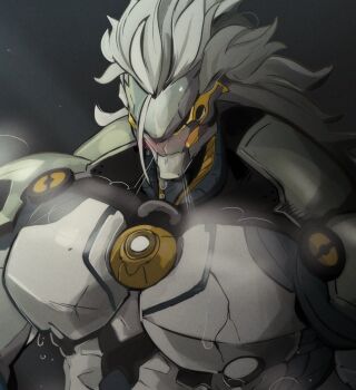1boy banyue_(zenless_zone_zero) bara blush closed_eyes closed_mouth commentary english_commentary grey_eyes idoraad male_focus muscular muscular_male paid_reward_available pectorals robot_boy sweat upper_body zenless_zone_zero