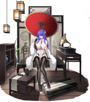 1girl absurdres acheron_(honkai:_star_rail) alternate_breast_size_(larger) black_garter_belt black_garter_straps black_panties black_thighhighs breasts china_dress chinese_clothes cleavage commentary_request dress flower garter_belt garter_straps hair_flower hair_ornament hair_over_one_eye high_heels highres holding holding_umbrella honkai:_star_rail honkai_(series) huge_breasts oil-paper_umbrella on_table panties phonograph purple_eyes purple_hair revealing_clothes sanvicept sitting solo table thighhighs umbrella underwear white_dress wooden_floor