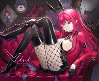 1girl baobhan_sith_(fate) black_skirt boots breasts couch fate/grand_order fate_(series) grey_eyes high_heel_boots high_heels highres jacket large_breasts long_hair long_sleeves looking_at_viewer miniskirt one_eye_closed pink_hair pointy_ears red_jacket sideboob sidelocks siiqa_vivi skirt solo thigh_boots