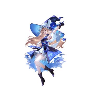 1girl alternate_costume armpits blonde_hair blue_bow blue_eyes blue_flower blue_gloves blue_hat blue_kimono boots bow braid breasts flower game_cg gloves hair_bow hat hat_bow hat_flower high_heel_boots high_heels highres japanese_clothes kimono kirisame_marisa long_hair looking_at_viewer non-web_source official_art one_eye_closed open_mouth second-party_source side_braid sideboob single_braid smile teeth thighs touhou touhou_gensou_eclipse transparent_background u_u_zan upper_teeth_only very_long_hair white_bow witch_hat yellow_eyes