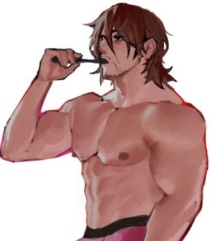 Rule 34 | 1boy, abs, bara, beard stubble, boxers, brown hair, brushing teeth, commentary, english commentary, facial hair, gallagher (honkai: star rail), holding, holding toothbrush, honkai: star rail, honkai (series), long hair, looking to the side, male focus, male underwear, messy hair, muscular, muscular male, nipples, papyuuno, pectorals, red male underwear, stubble, toothbrush, topless male, underwear, white background