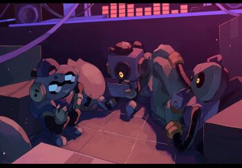 3boys :d backwards_hat baseball_cap black_hat black_shirt black_shoes cap&#039;n_(deltarune) cassette_player cd_player closed_mouth commentary_request deltarune drinking_straw full_body gloves glowing glowing_eyes green_gloves green_pants grin hand_on_own_knee hat headphones highres holding holding_milk_carton holding_paper humanoid_robot jacket k_k_(deltarune) knee_up layered_sleeves letterboxed light_particles long_sleeves looking_at_another looking_at_object lying male_focus mechanical_arms milk_carton multiple_boys musical_note night no_mouth object_head on_side open_mouth pants paper puffy_pants purple_hat purple_jacket purple_shoes robot ruannu shirt shoes short-sleeved_jacket short_over_long_sleeves short_sleeves sitting smile speaker squatting sunglasses sweet_(deltarune) tile_floor tiles utdr_(toby_fox) yellow_eyes yellow_gloves