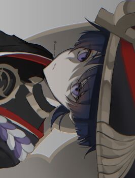 Rule 34 | 1boy, black bodysuit, black hair, black hat, black kimono, black sleeves, blunt ends, bodysuit, choppy bangs, closed mouth, expressionless, eyelashes, eyeliner, genshin impact, gold, gold trim, grey veil, hashtag-only commentary, hat, highres, japanese clothes, jewelry, jingasa, juban, kimono, looking at viewer, makeup, male focus, mandarin collar, neck ring, open clothes, open kimono, purple eyes, purple rope, red eyeliner, red hat, red kimono, rope, scaramouche (genshin impact), shaded face, shimenawa, sideways, solo, takura 0103, tsurime, twitter username, two-tone hat, veil, white kimono, white rope