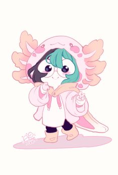 Rule 34 | 1girl, akane k0, akane ko, animal costume, artist logo, axolotl, axolotl costume, black hair, black pants, blush, boots, brown boots, glasses, gloves, green hair, hair between eyes, highres, hood, hood down, hoodie, logo, looking at viewer, mini person, multicolored hair, original, pants, pink gloves, pink hoodie, round eyewear, smile, two-tone hair, v, white background